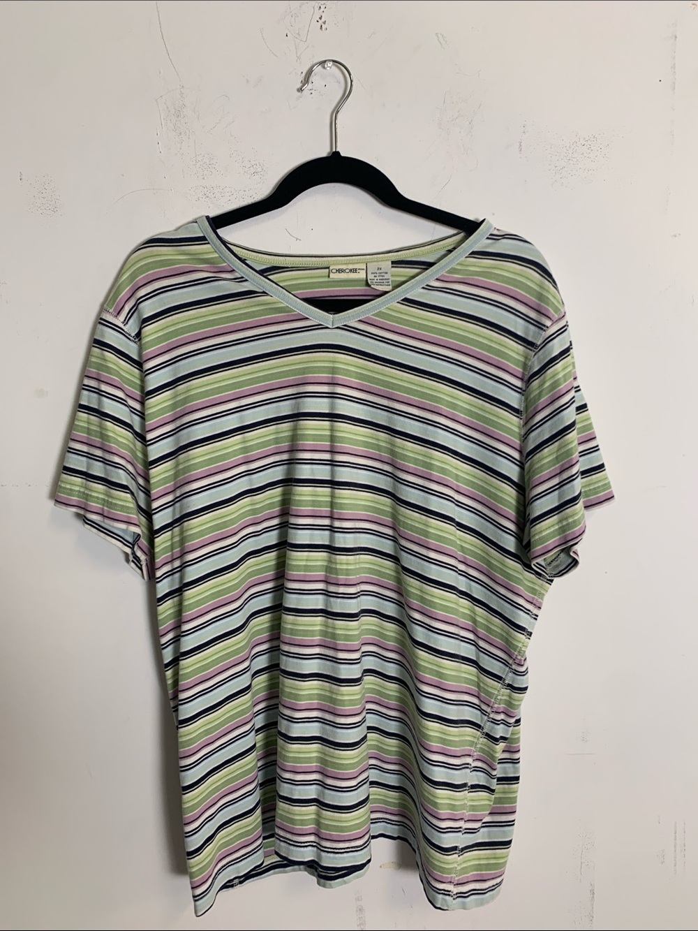 Cherokee Short Sleeve V-Neck Tee in Light Green, Purple, Navy & White Stripes